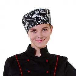 Купить шапочка повара таблетка поварёшки и кастрюли на чёрном фоне [00400] в Краснодаре – цена завода, доставка до двери | RuOborudovanie.ru
